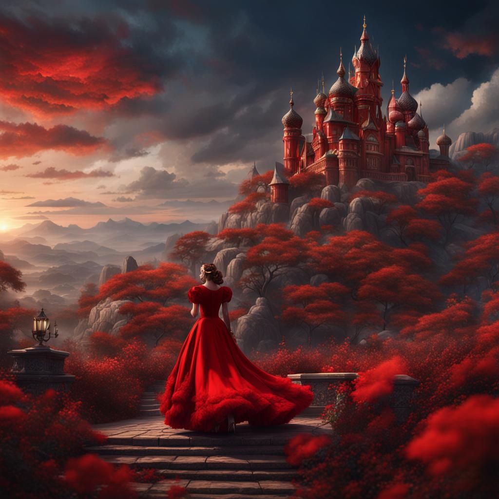 Lady in Red Dress: Detailed Fantasy Matte Painting