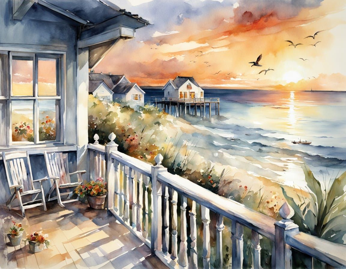 Beach House Sunset View in Watercolor Style