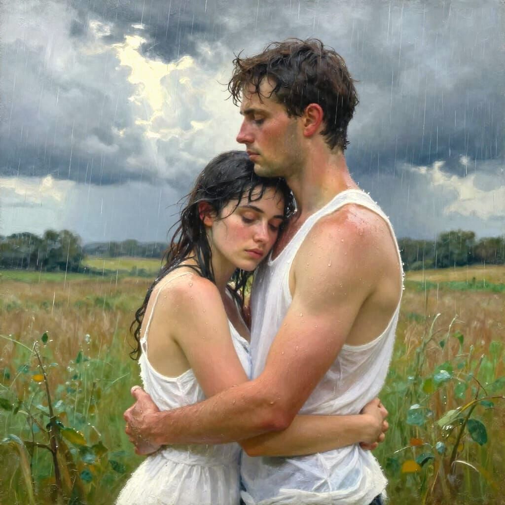 Couple Embraces in Dramatic Rainstorm Oil Painting