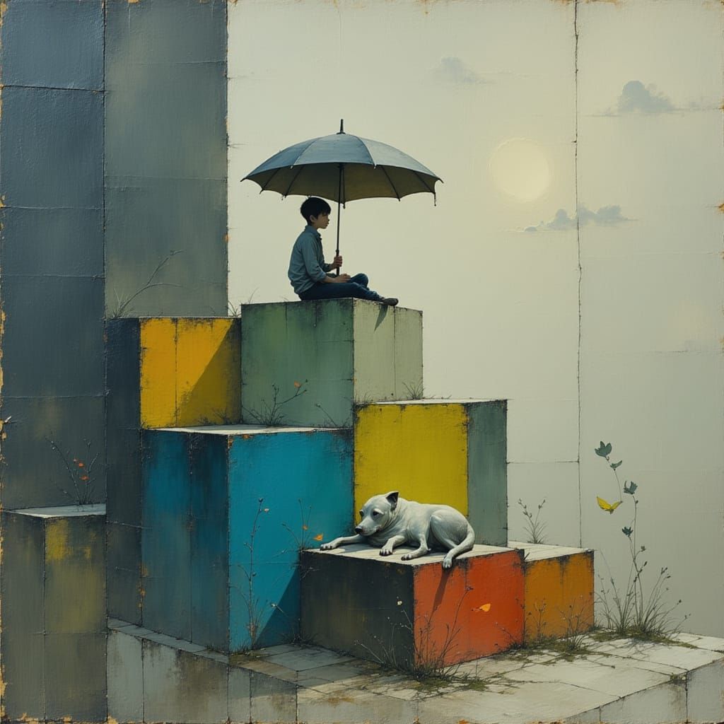 Sad Boy with Dog in Melancholic Surrealist Painting