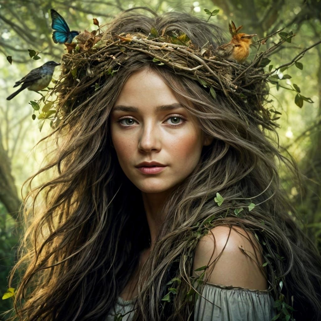 Enchanted Forest Goddess with Birds and Glittering Hair