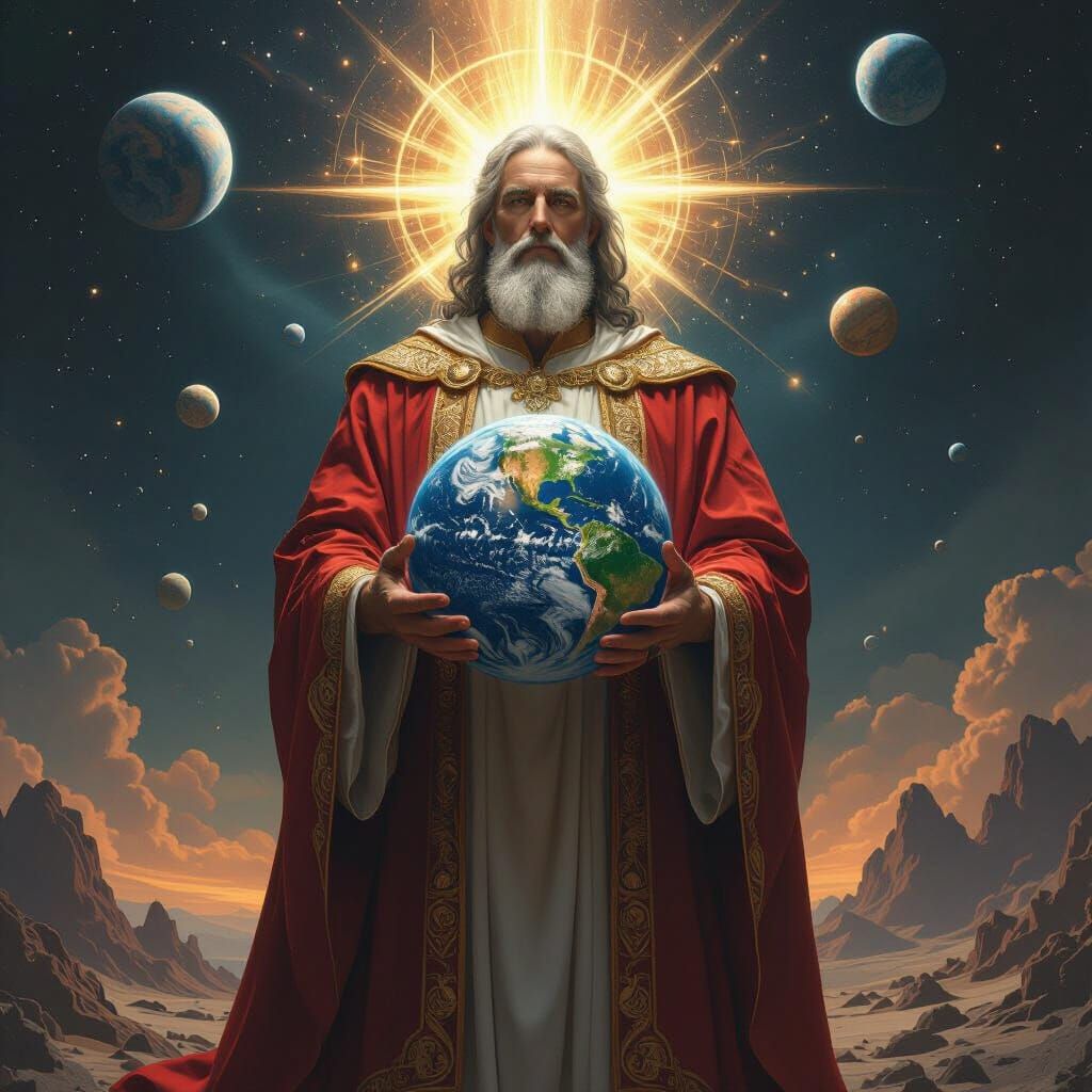 Regal God Holding Earth in Cosmic Universe