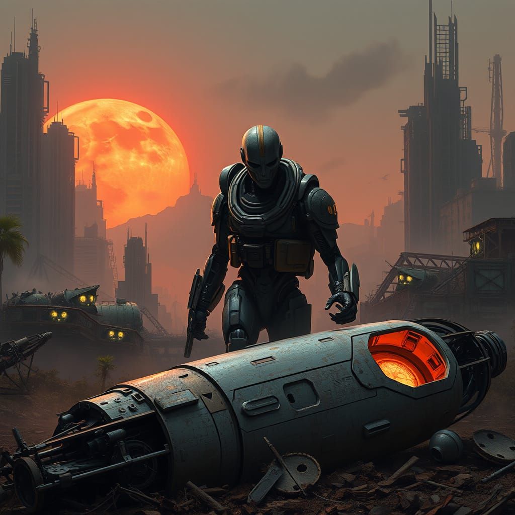 Android Explorer in Abandoned City Ruins on Distant Planet