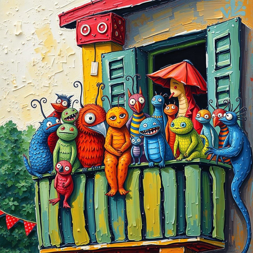Whimsical Creatures on Balcony in Expressionist Style