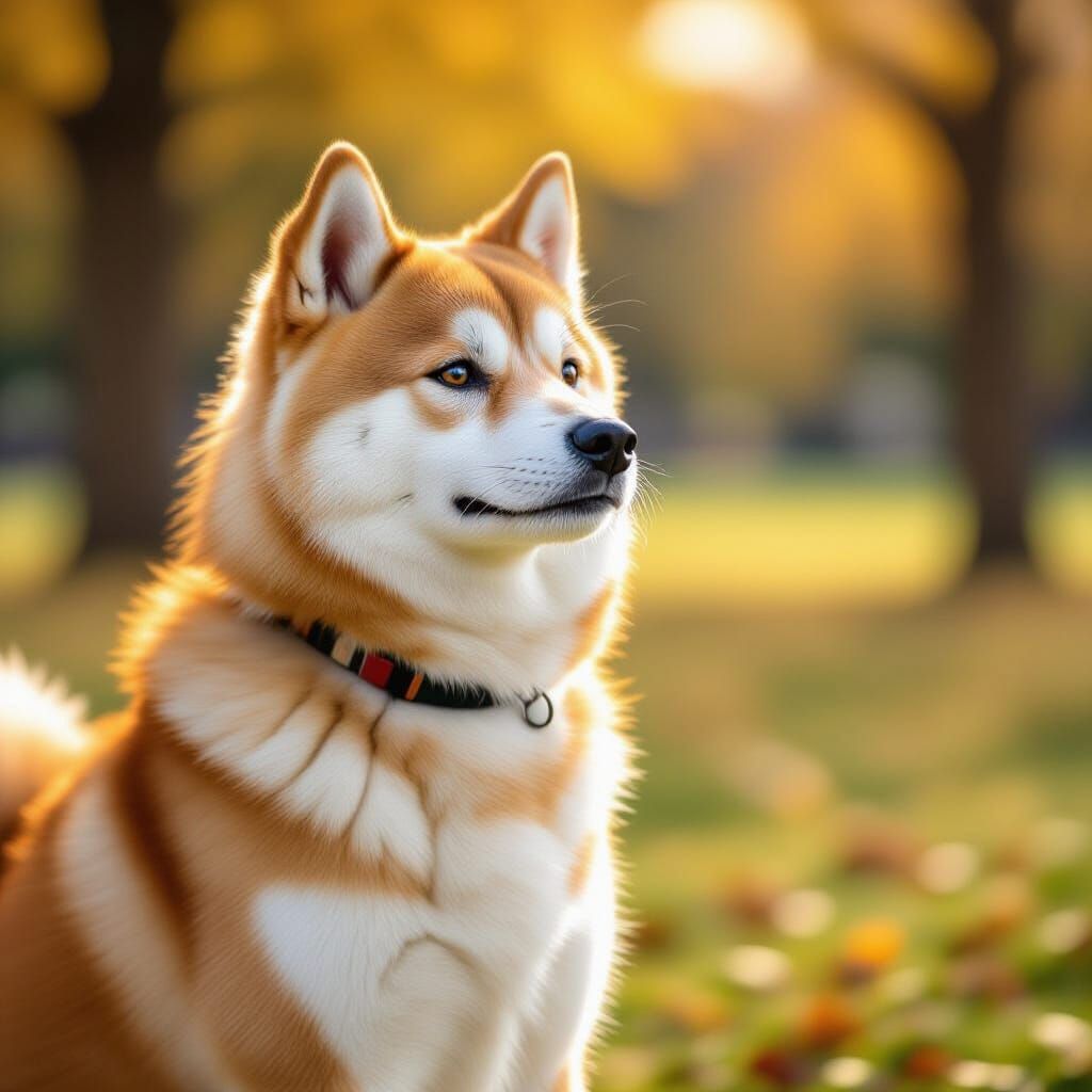 Akita Inu Dog in a Park, Bright Colors