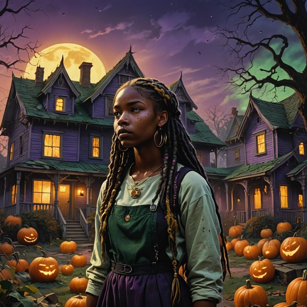 Dark Fantasy: Woman, Haunted House, Glowing Pumpkins