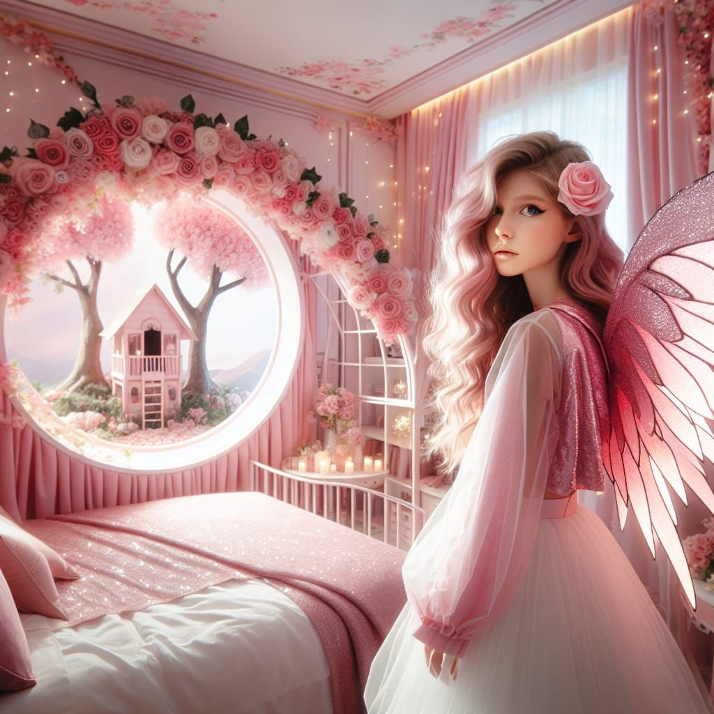 Pink-Haired Woman with Wings in Romantic Bedroom