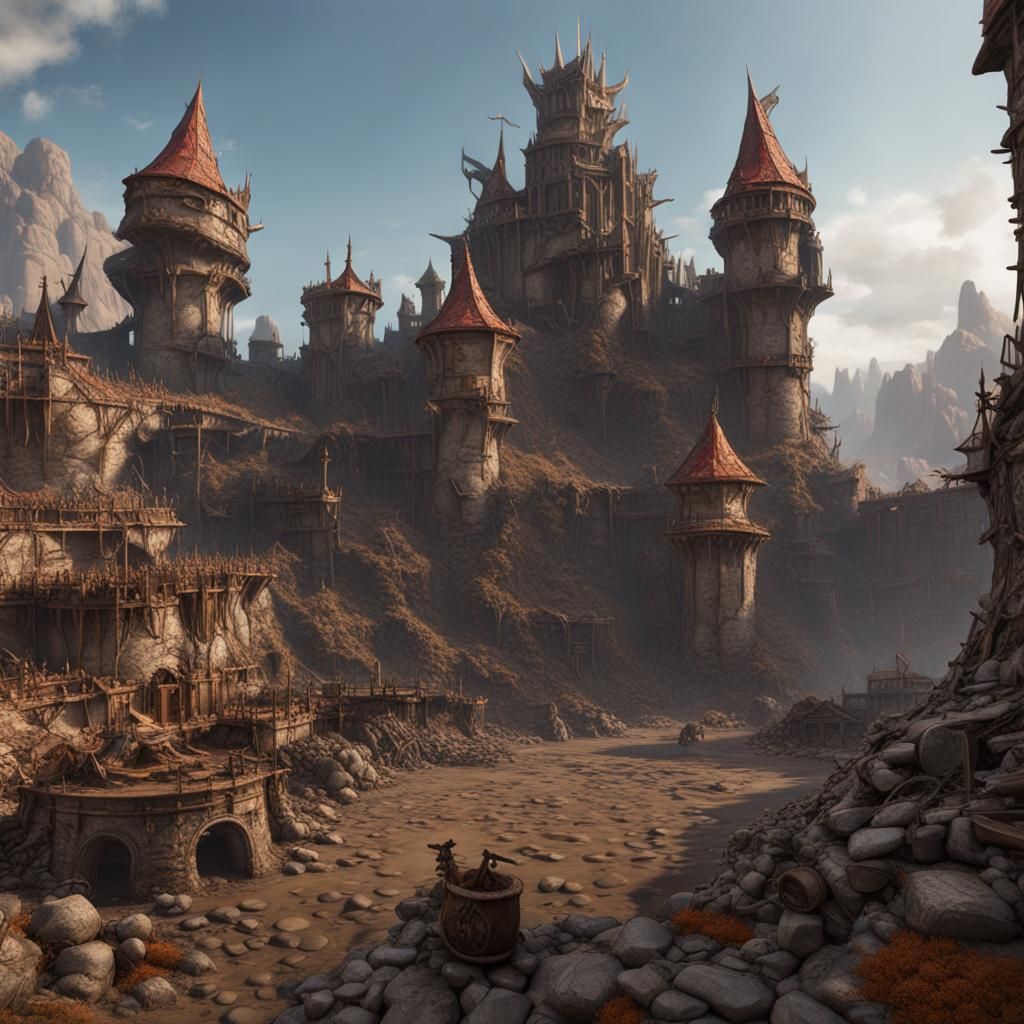 Ogre Kingdom Fortress in Wasteland: Detailed Fantasy Art