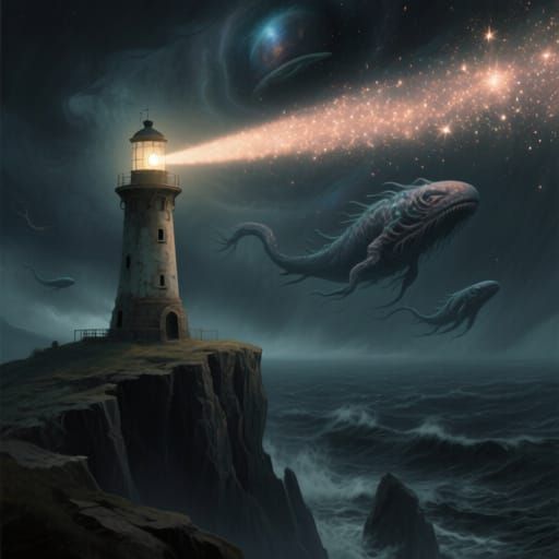 Cosmic Lighthouse Emitting Stardust Over Stormy Sea
