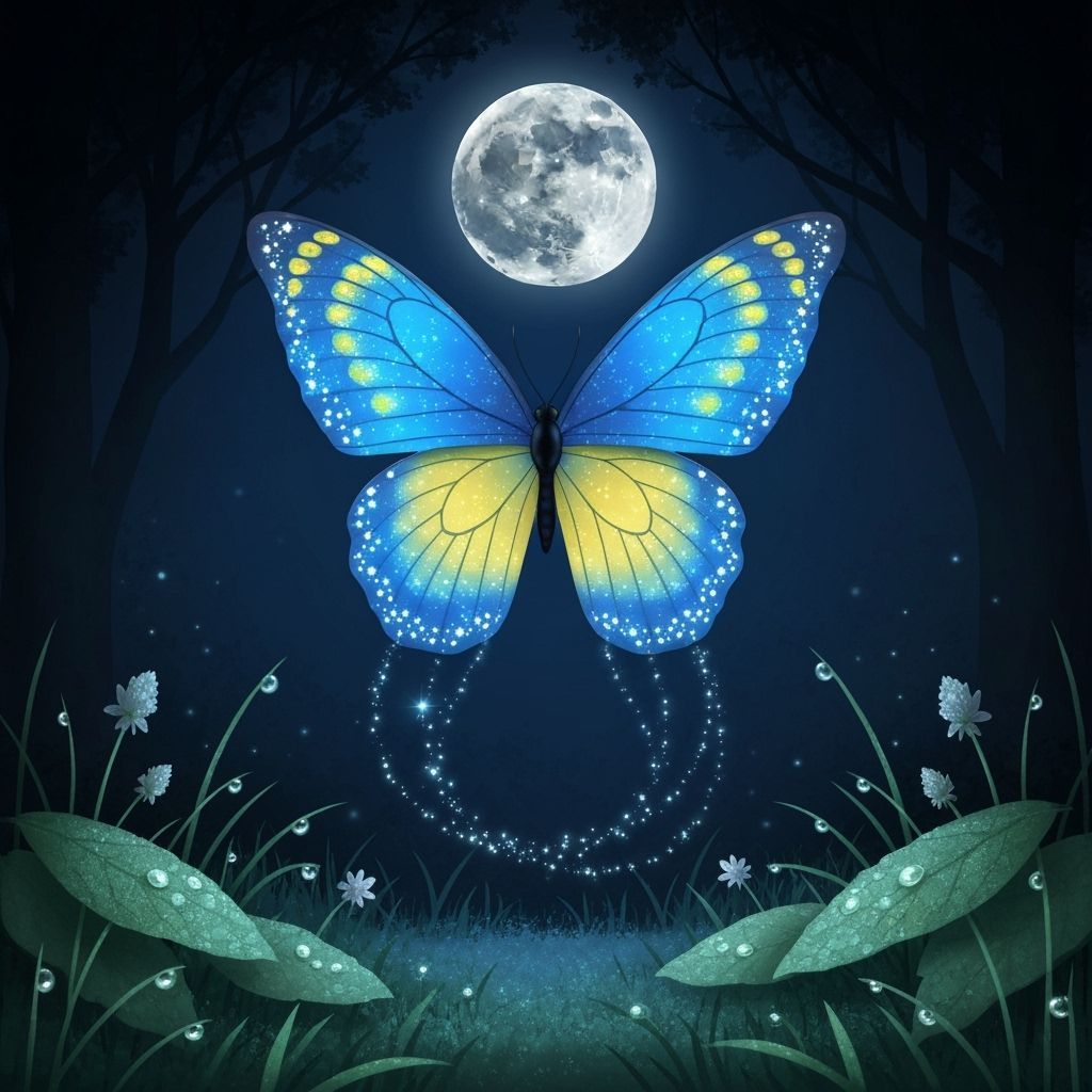 Art Deco Butterfly in Moonlit Forest Clearing
