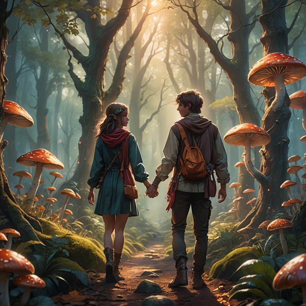 Mystical Forest: Boy and Girl Holding Hands