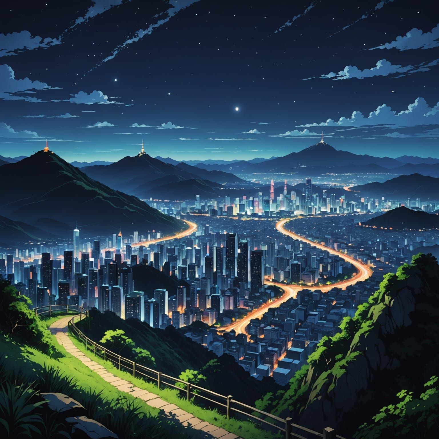 Anime Cityscape at Night, Serene Mountain View