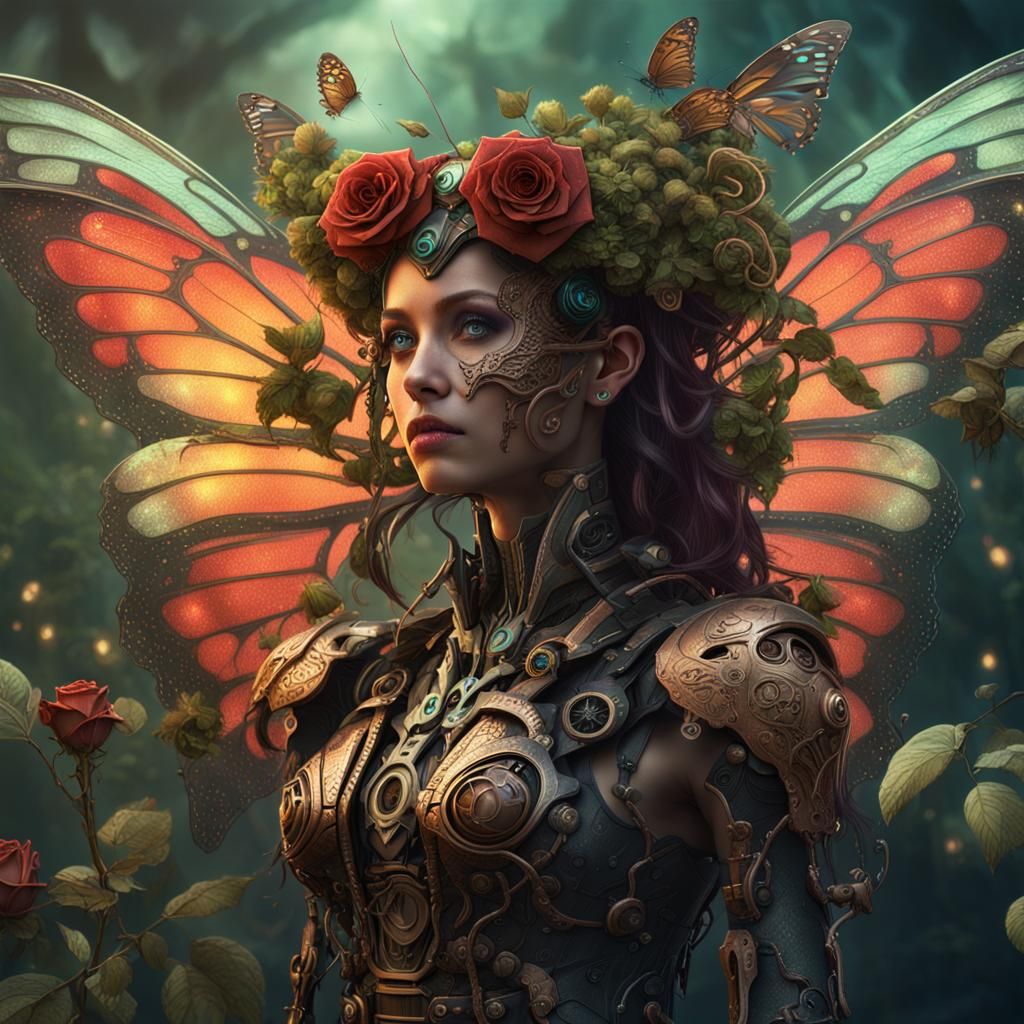 Steampunk Cyborg Dryad with Butterfly Wings