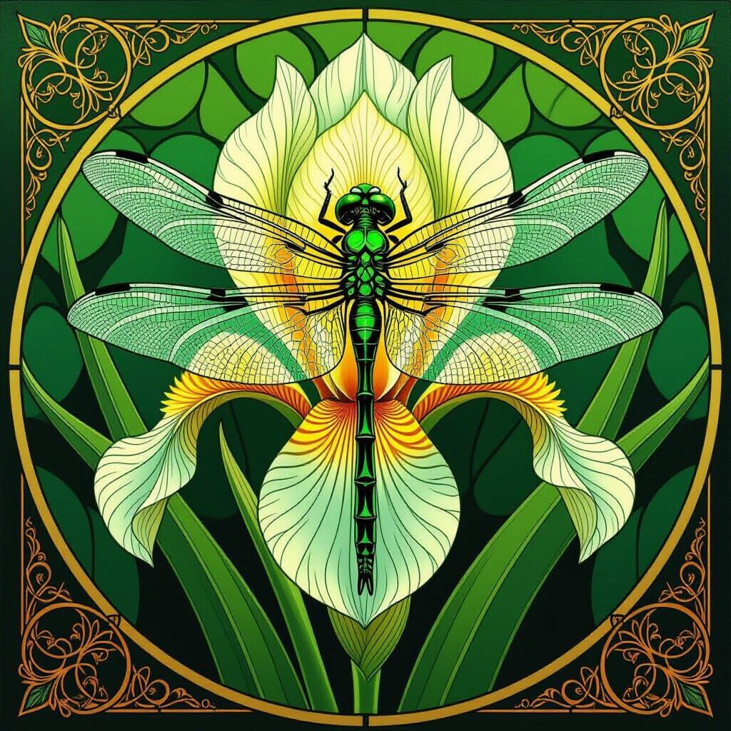 Dragonfly on Iris Flower in Emerald Green Stained Glass Styl...