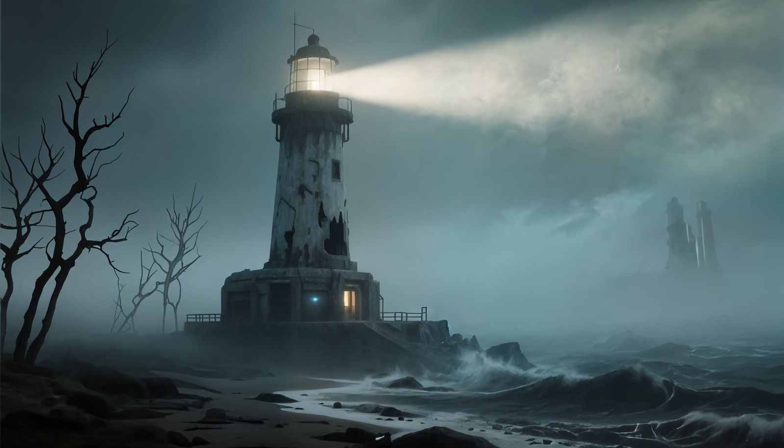 Futuristic Horror Lighthouse in Stormy Seas