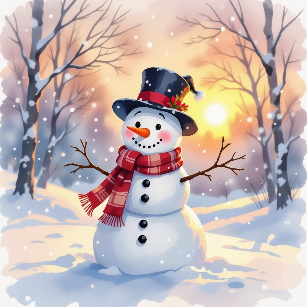 Dreamy Watercolor Snowman at Sunset