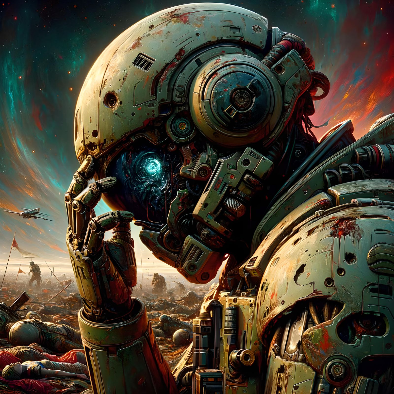 Mourning Soldier in War-Torn Galaxy as Matte Painting
