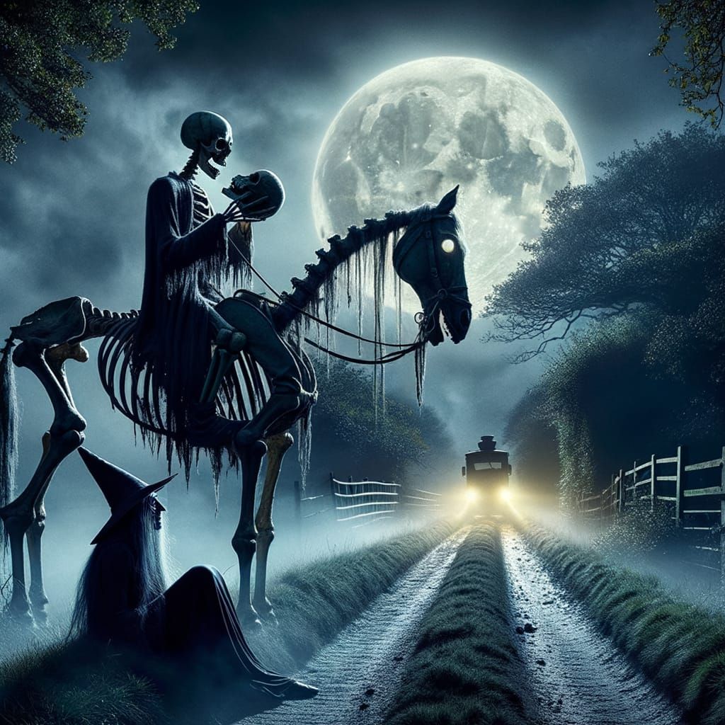 Headless Highwayman on Skeletal Horse Under Moonlit Night