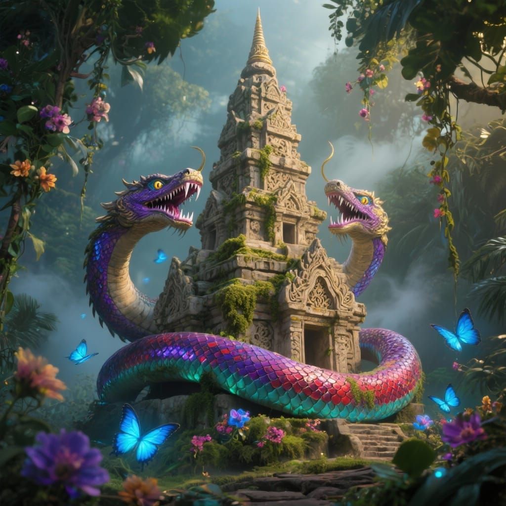 Angkor Wat Pagoda in Lush Jungle with Naga Guardians