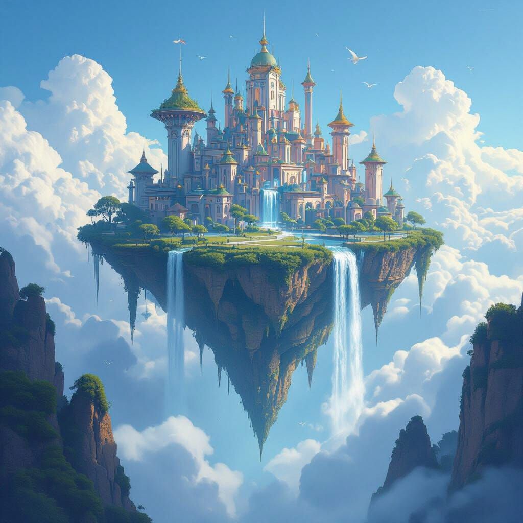 Fantastical Floating Island City in Blue Sky
