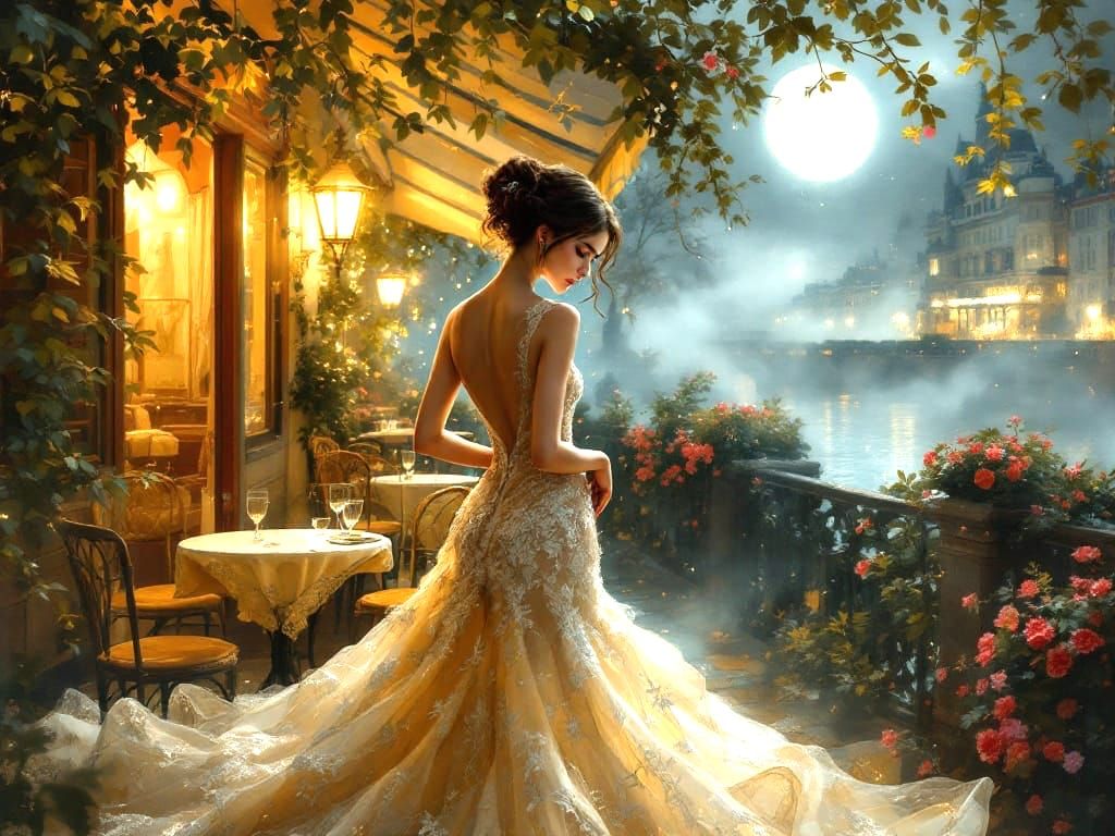 Surreal Elegant Woman at Parisian Cafe in Radiant Night