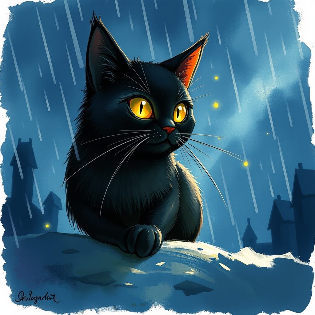 Black Cat in Rain with Glowing Eyes
