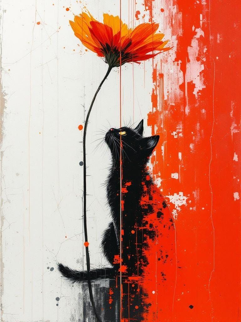 Cat Worshipping Flower in Abstract Expressionism Style