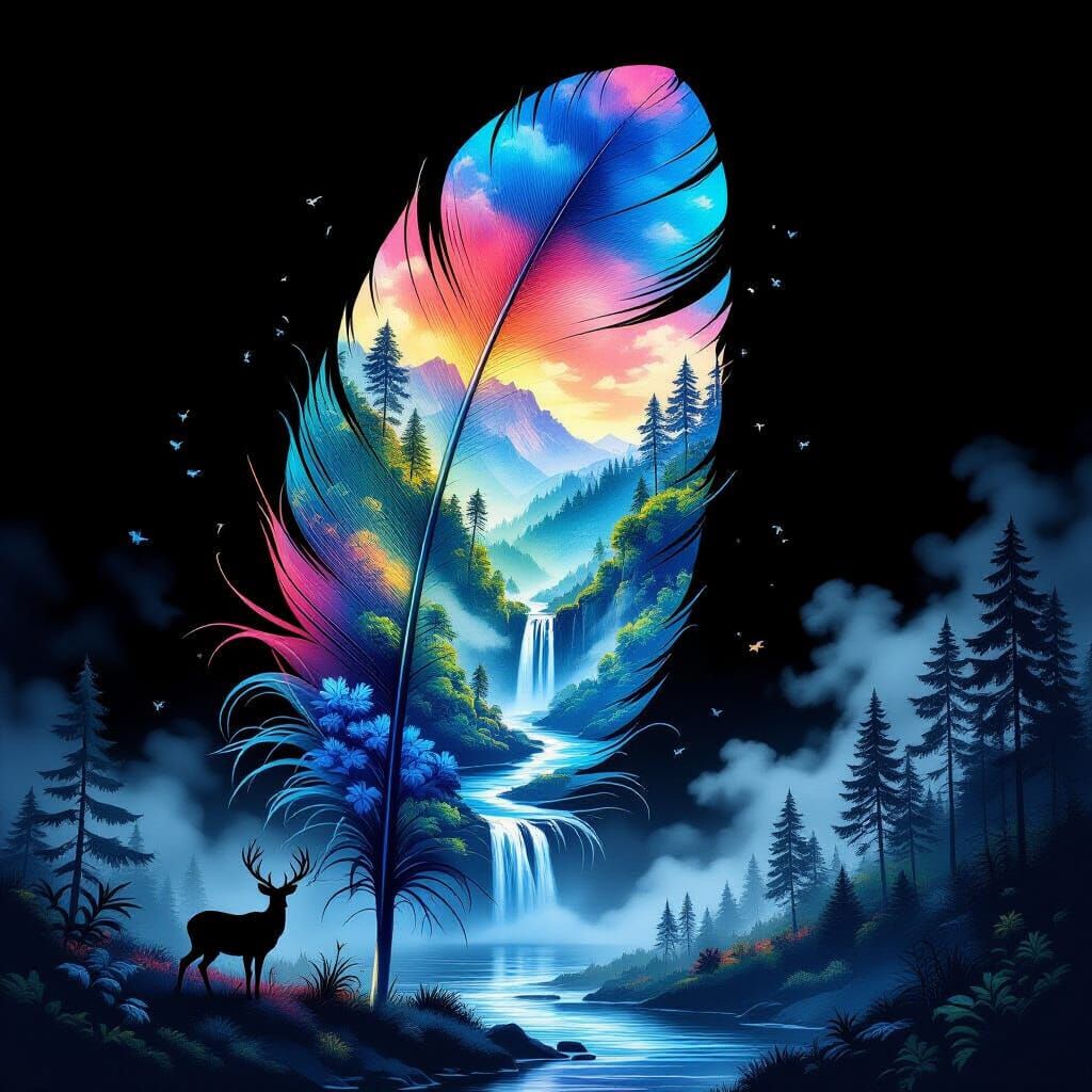 Nature and Dark Fantasy Feather Landscape 3D Render