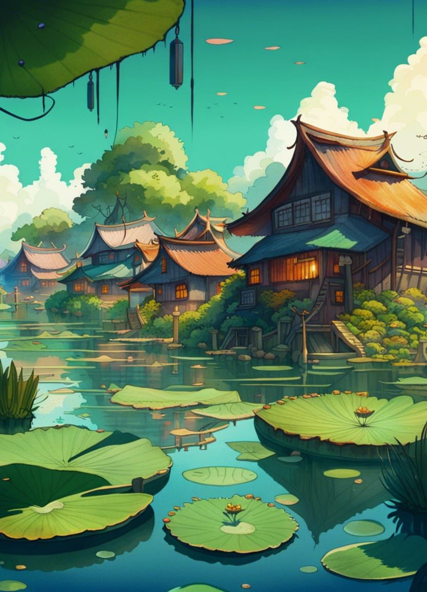 Fantasy Asian Village on Lily Pads, Anime Watercolor