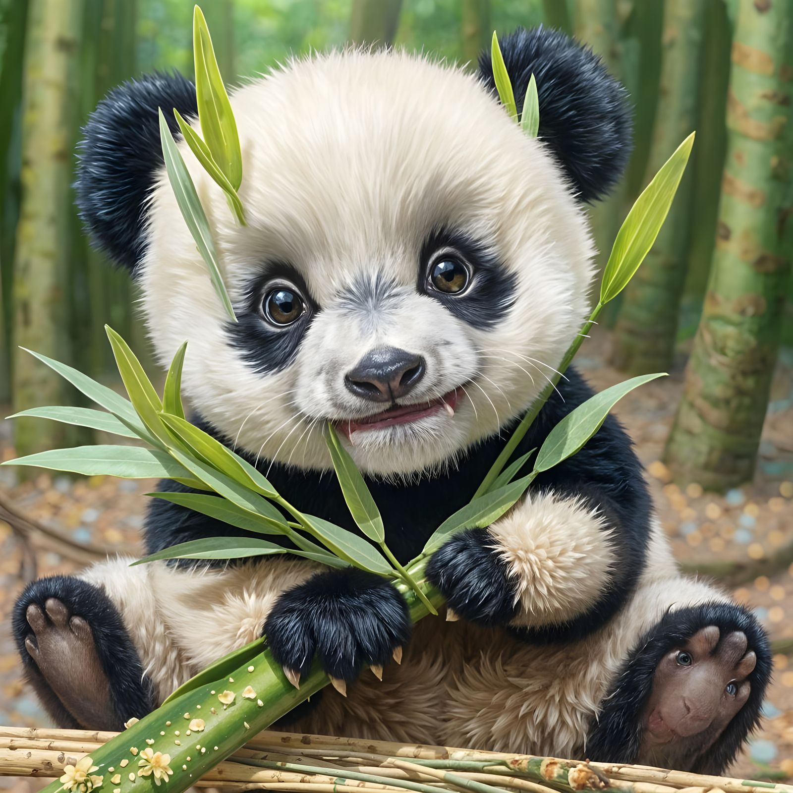 Adorable Panda Cub Munches Bamboo in Lush Forest