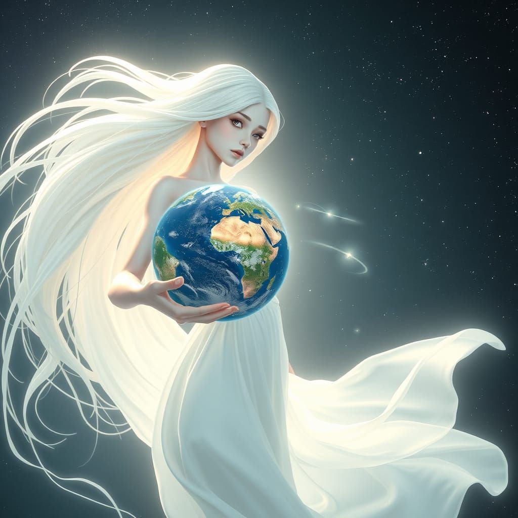 Ethereal Goddess Supports Earth in Cosmic Harmony