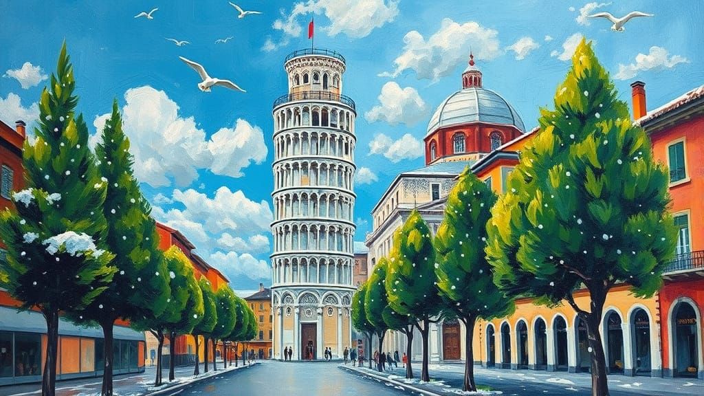 Snowy Tower of Pisa in Neo-Impressionist Style