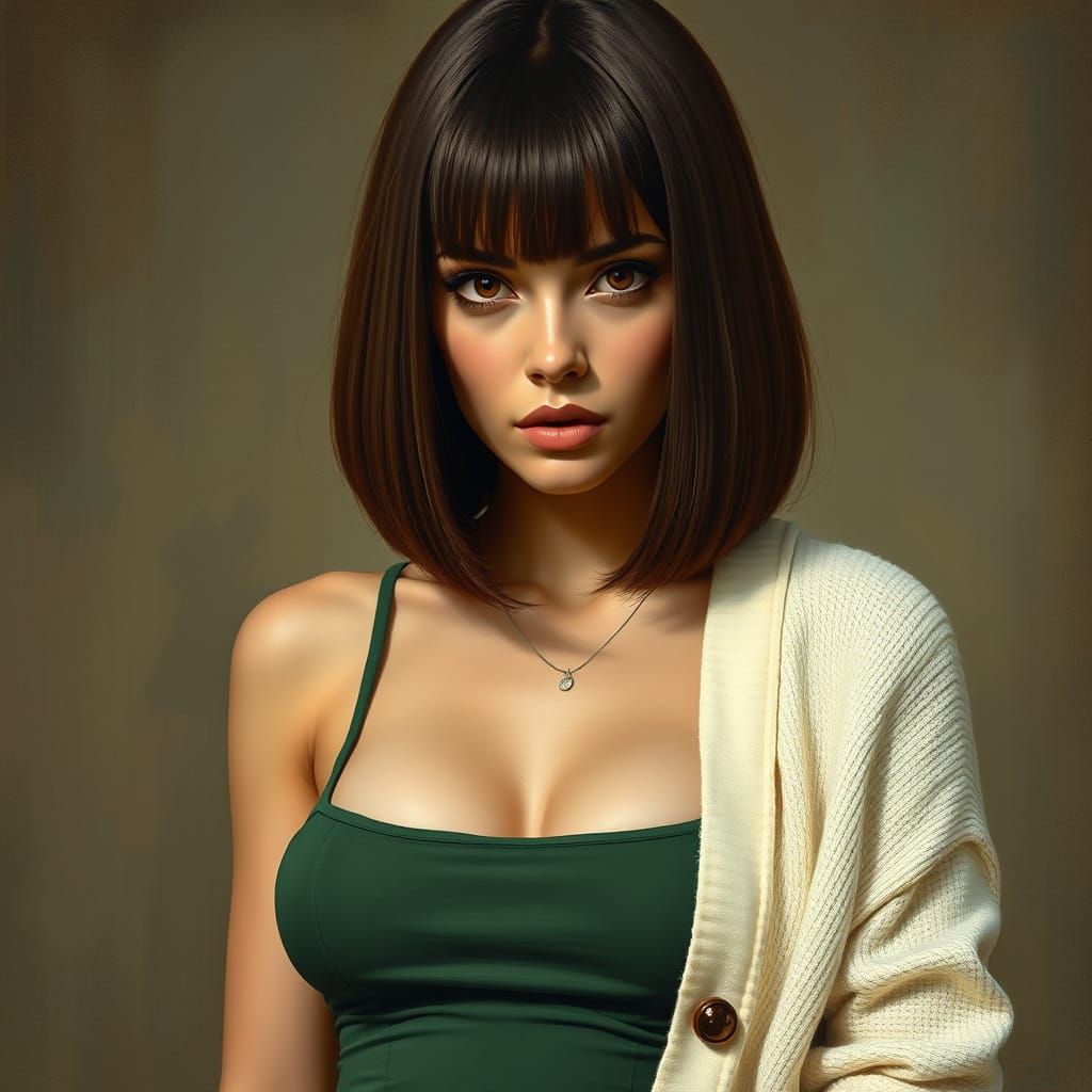 Sultry Woman in Green Dress, Art Nouveau Style