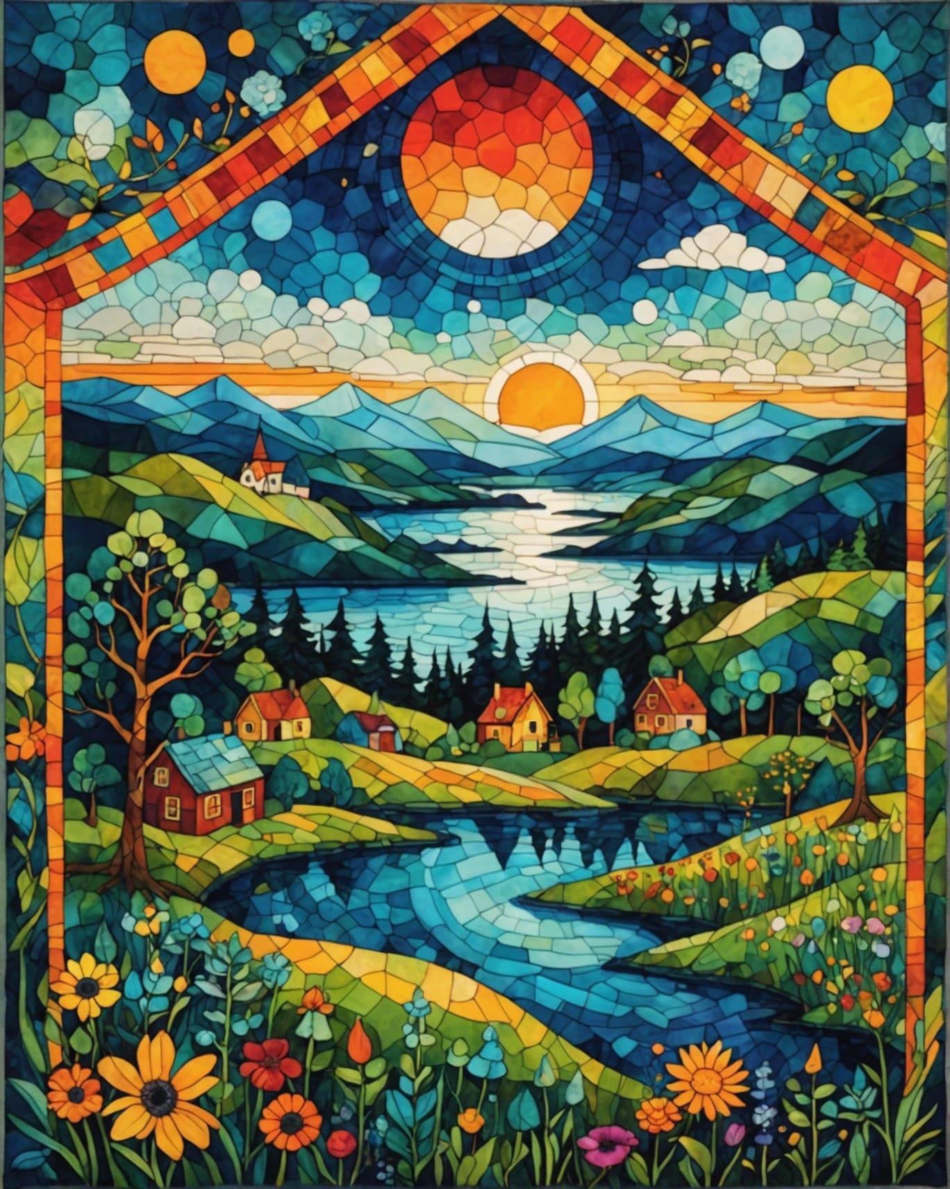 Summer Sunrise Landscape in Alcohol Ink Style