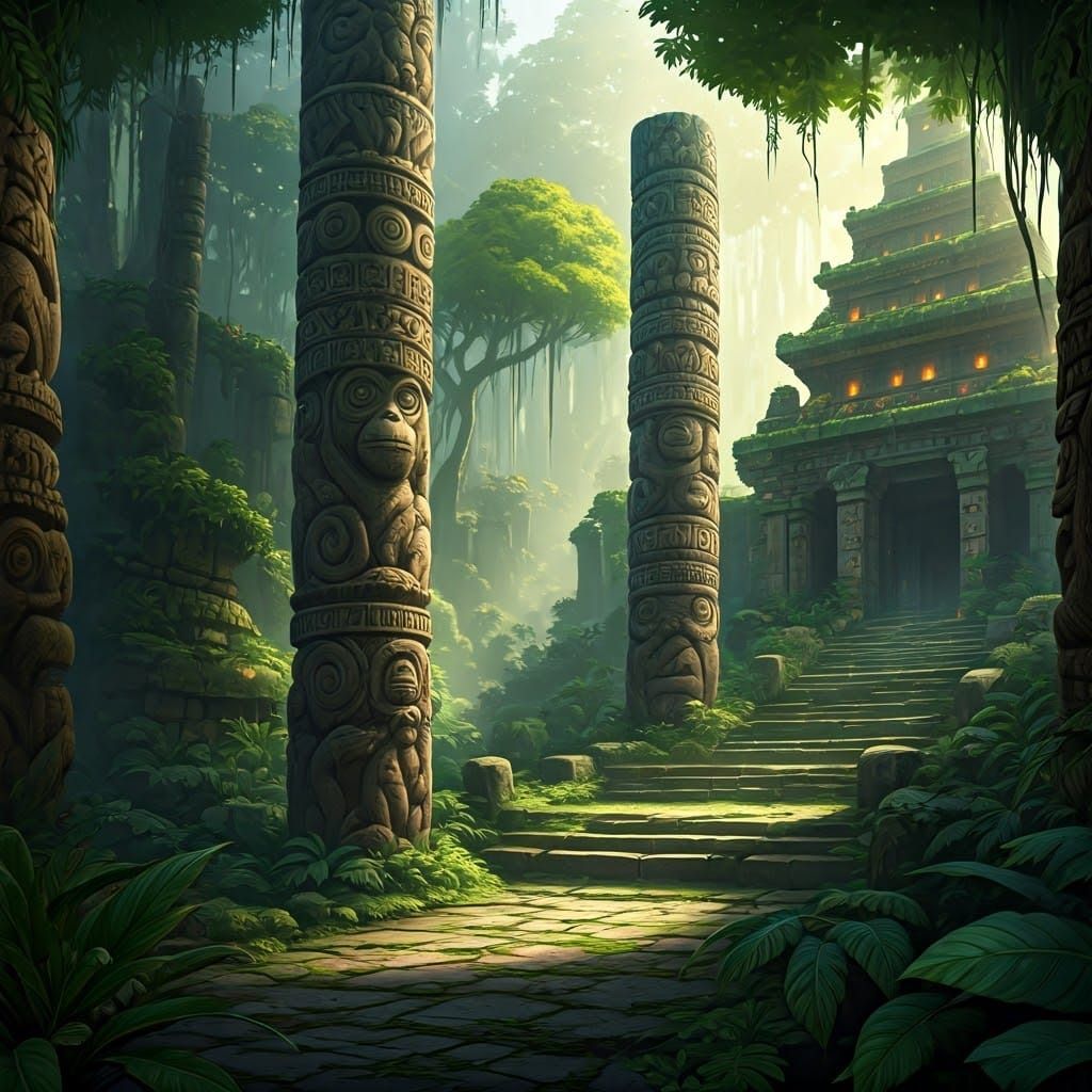 Ancient Jungle Totems in a Mystical Realm