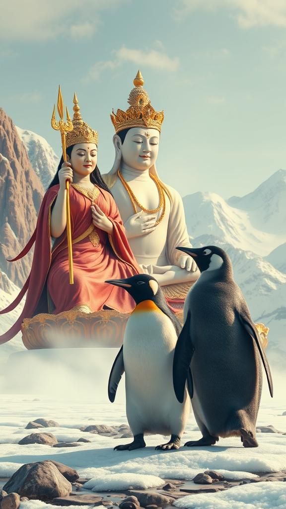 King-God Ishvara Appears Before Penguin Buddha
