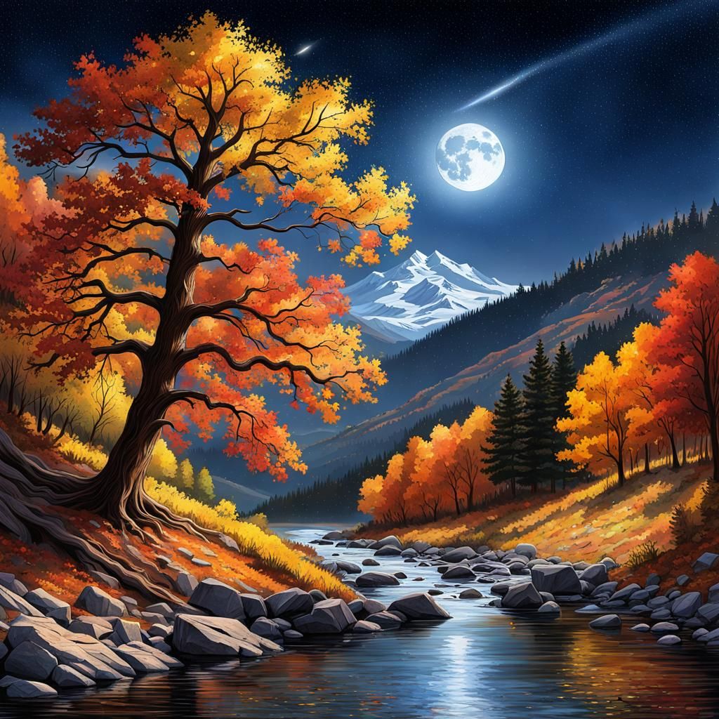 Autumn Landscape with Glistening Stars in Watercolor Style