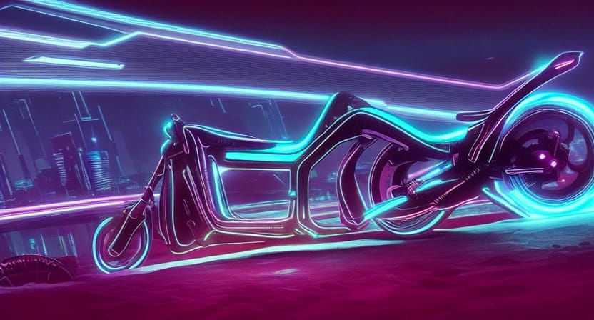 tron bike cyberpunk sci-fi landscape synthwave complex detailed futuristic glowing neon hyperdetailed intricate landscap...