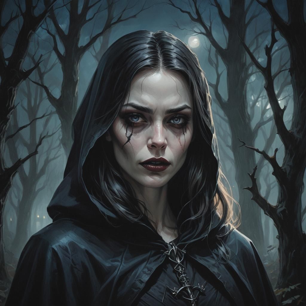 Dark Fantasy Woman Promises Figure in Shadowy Woods