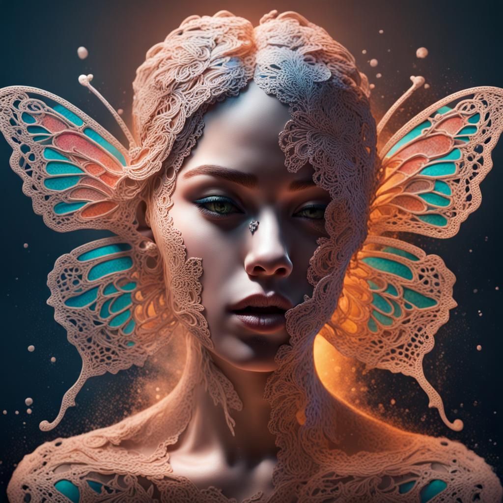 Lace Woman and Butterfly in Splash Art Style