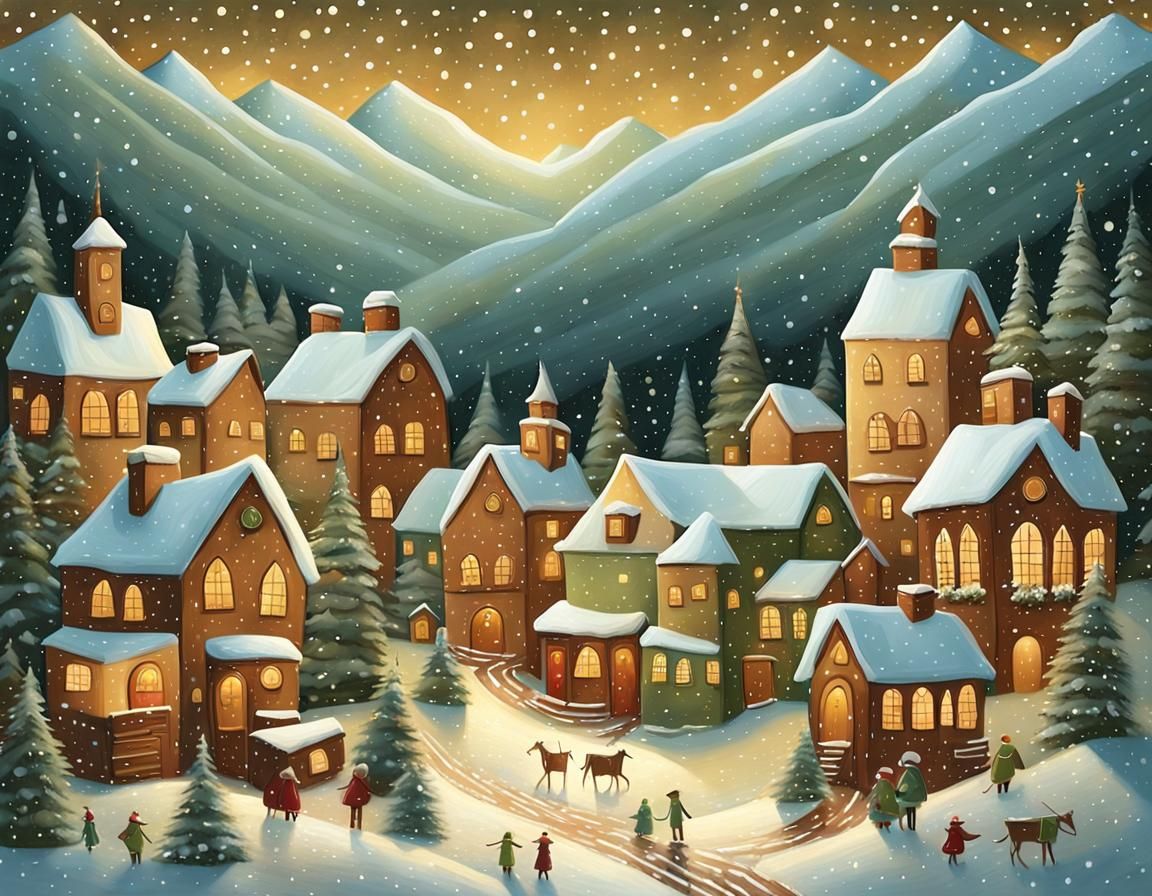 Old World Village in Whimsical Folk Art Style