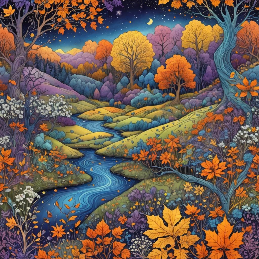 Ethereal Landscape with Zentangle Patterns in Four Seasons