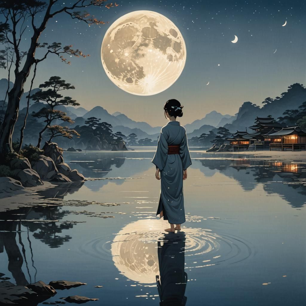 Thai Woman Under Moon in Ukiyo-e Anime Style