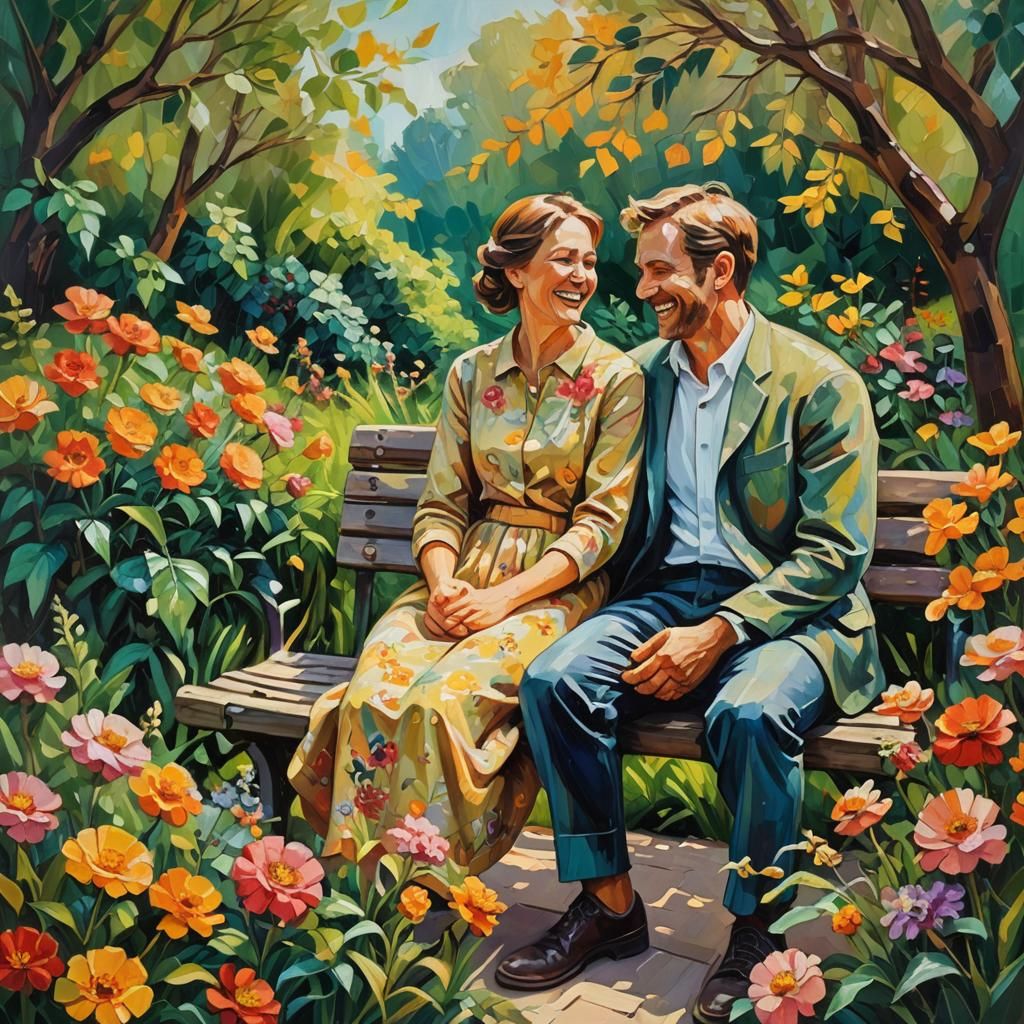 Couple in Garden: Neo-Impressionist Impasto Oil Painting
