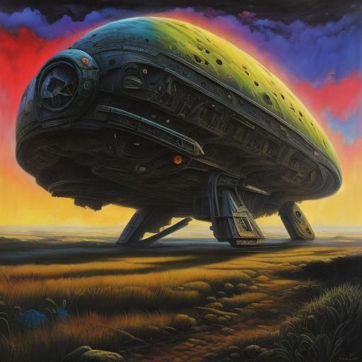 Cosmic Starship Graveyard in Psychedelic Encaustic Style