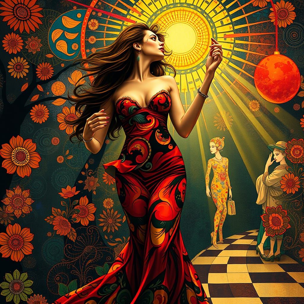 Elegant Woman Dancing in Art Nouveau Disco Scene