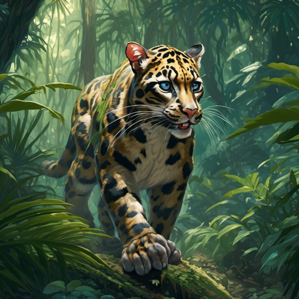 Hyperreal Clouded Leopard in Jungle, Anime Style