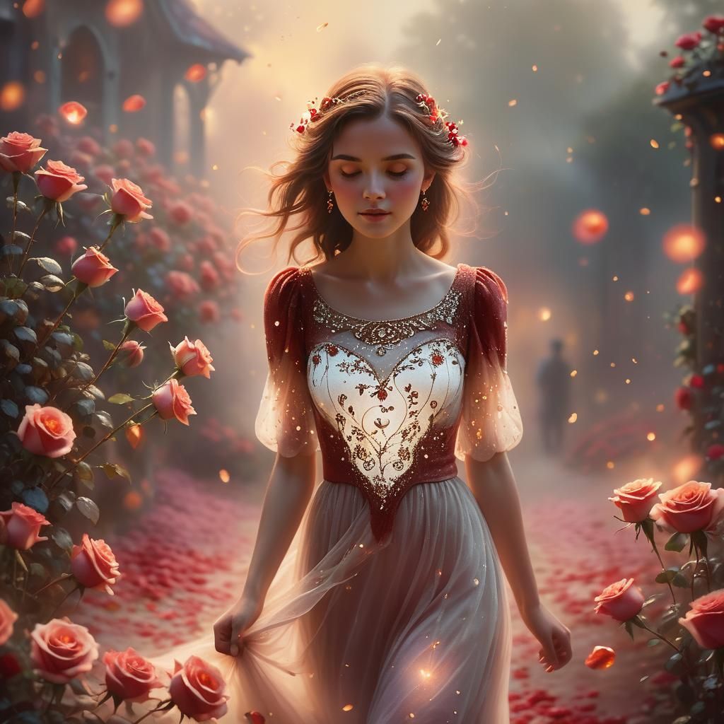 Ethereal Fantasy Portrait with Roses and Golden Glow