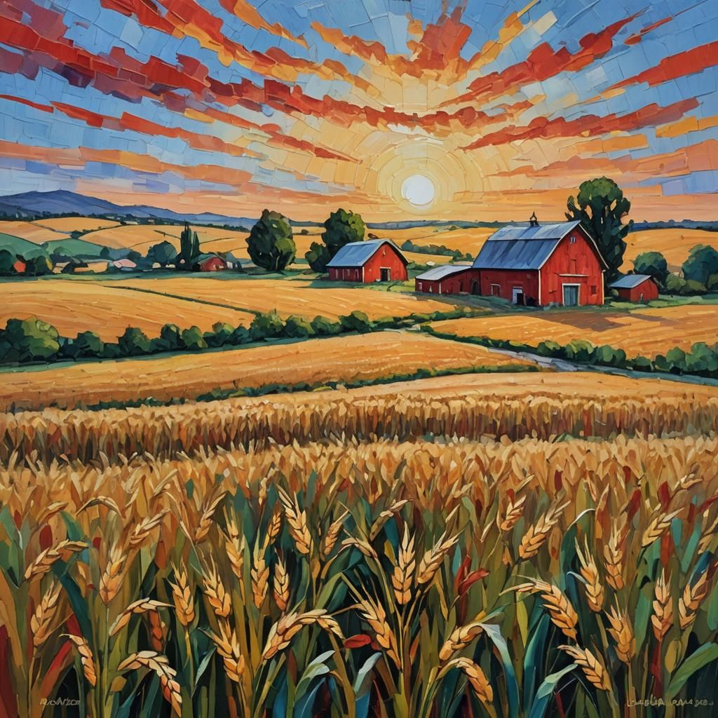 Red Barn Sunset: An Expressionist Oil Painting