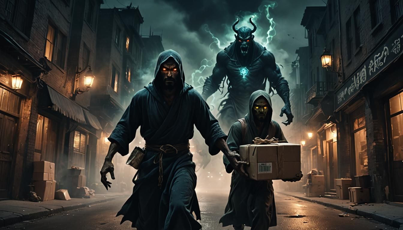 Menacing Jinn and Delivery Boy: Dark Fantasy Art